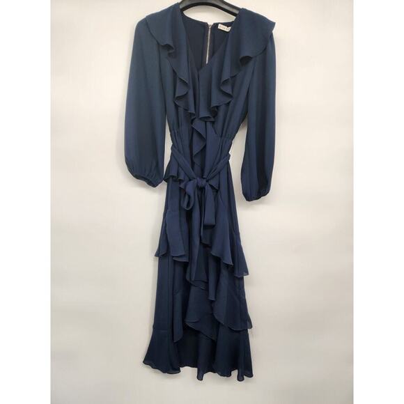 Alice + Olivia Kye V-Neck Ruffle Midi Dress Size 0 Navy #1C421 - Picture 2 of 12